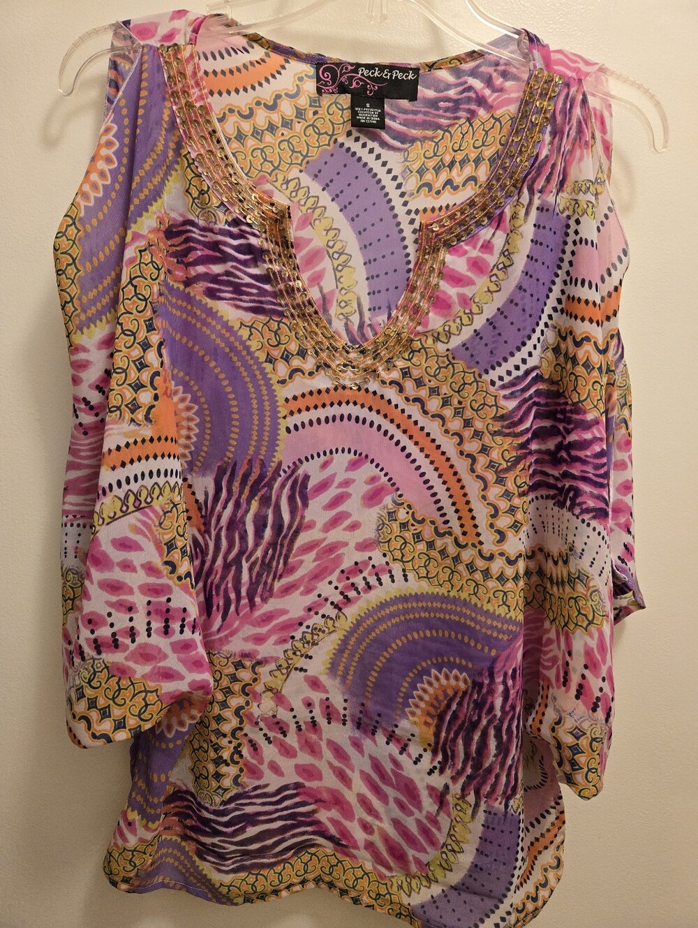 Peck & Peck Boho Cold Shoulder Blouse Small Pk. Purp.Geometric Sequin Split Neck